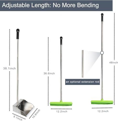 Rubber Broom and Dustpan Set,Pet Hair Removal Rubber Broom with Squeegee and Stainless Steel Dust Pan,Carpet Rake Push Broom and Dustpan for Fluff Hardwood Floor Tile (Green) - color: Green