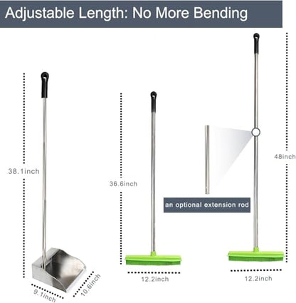 Rubber Broom and Dustpan Set,Pet Hair Removal Rubber Broom with Squeegee and Stainless Steel Dust Pan,Carpet Rake Push Broom and Dustpan for Fluff Hardwood Floor Tile (Green) - color: Green