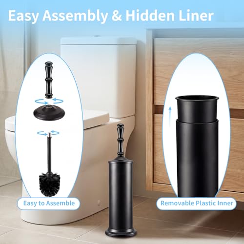 ROLABAM Toilet Cleaner Brush Set, Heavy Duty Anti-Tip Metal Base, Rustproof Freestanding Toilet Bowl Brush with Long Handle & Splash Guard, Modern Bathroom Cleaning Accessories - color: Black-2