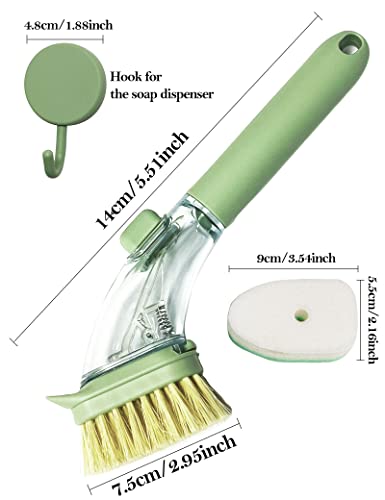 DAJOOEE Dish Brush with Soap Dispenser, Green, Nylon Bristles, Iron and Silicone Handle, 3 Replacement Heads, Kitchen Cleaning Brush