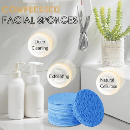 100-Count Facial Sponges Compressed Natural Cellulose Sponge Round Shape Face Sponge for Face Cleansing Exfoliating and Makeup Removal, Blue - color: 100- Pack Blue