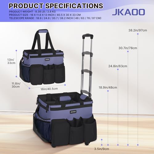 JKAOO Large Rolling Cleaning Caddy Bag with Detachable Trolley, Denim Blue | Waterproof Cleaning Caddy with Wheels, 40L Wheeled Organizer Cart for Supplies, Housekeepers, Home, Office, Car, Picnic - color: Denim Blue
