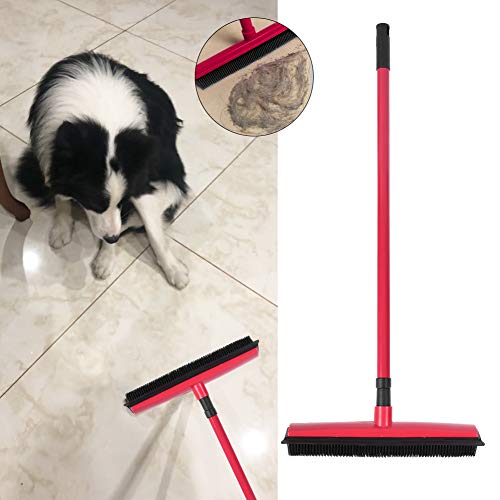 Pet Hair Remover Broom and Rubber Lint Brush Combo Telescopic Handle 26.8 to 47.2 Inches for Dog and Cat Fur Removal Carpet and Hardwood Floor Cleaning Washable Durable Blue Red (Red) - color: Red
