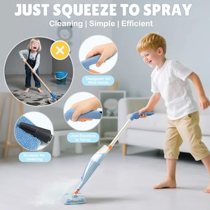 Dreamon Kids Spray Mop - Real Working Toddler Cleaning Set with Water Sprayer & 3 Washable Mop Pads & Scraper, Pretend Play Montessori Housekeeping Toys Gifts for Toddlers Kids Girls Boys(Blue) - color: Blue