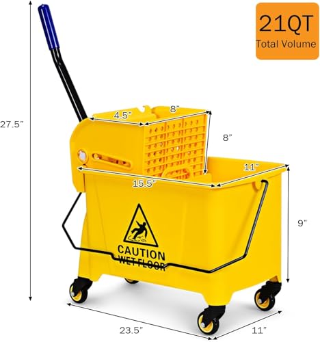Mop Bucket, Commercial Bucket for Mopping on Wheels with Potable Handle, Mop Bucket with Wringer for Home, Household, Office, Bathroom, Yellow (21 Quarts) - size: 21 Quarts