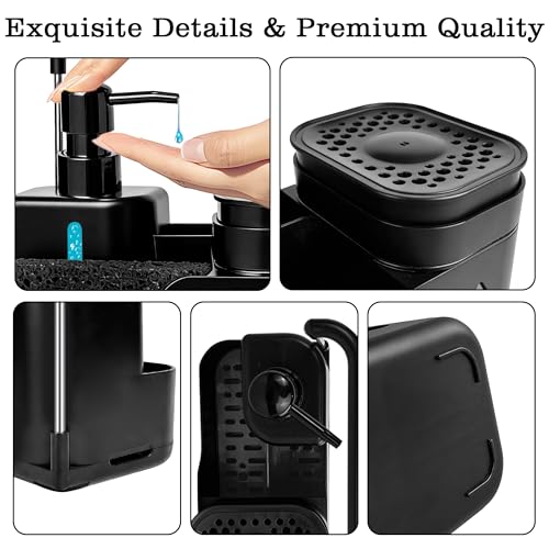 Kitchen Soap Dispenser Set (Black) – 4 in 1 Dual Pump Bottles with Sponge Caddy, Brush Holder, Towel Bar & Drain Rack – Space-Saving Countertop Organizer for Sink & Bathroom
