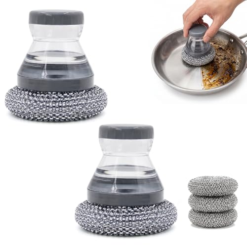 Comfort Grip Soap Dispensing Kitchen Scrub Brush, Dish Brush with Soap Dispenser & Handle, Extra Strong Scrubbing for Stubborn Residue on Pots Pans & BBQ Grill (5pcs Brush Head + 2pcs Handle) - color: 5pcs Brush Head + 2pcs Handle