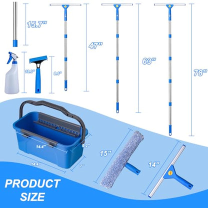 Professional Window Cleaning Kit with 76" Telescopic Pole, Bucket 3 Gallon,2PCS 15" Scrubbers, 2PCS 14" Squeegee, Scraper, Cloth & Sprayer, Window Cleaner Tool for Commercial, Home, Outdoor, Car - size: 76"Window Squeegee with Bucket