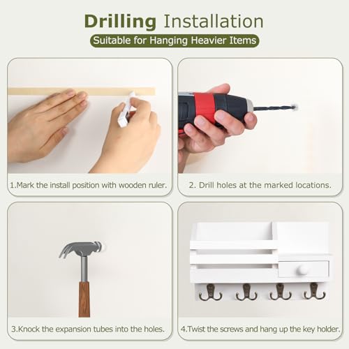 Key Holder Wall Mount, Wooden Adhesive Mail and Key Organizer with Drawer, Small Shelf, 8 Hooks, 2 Installation Methods, White - color: White