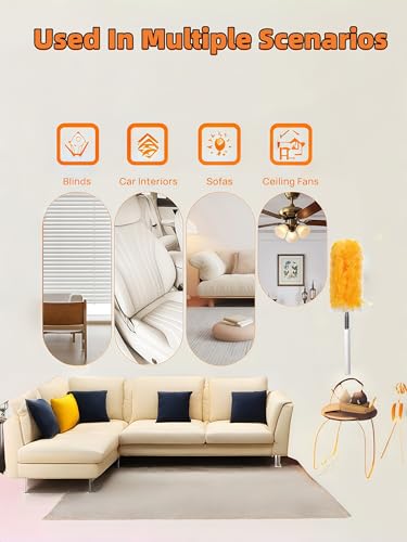 Heavy Duty Duster Refills, Disposable Dusters Kit for Cleaning Dusting Furniture Blind Ceiling Fan, Multi Surface 360 Feather Duster(10)+3FT Extended Handle（1） (Orange) - color: Orange