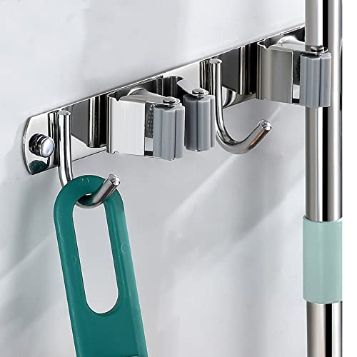Mop and Broom Holder Wall Mount Garage Organizer Storage Tool Racks Stainless Steel Heavy Duty Hooks Self Adhesive Solid Non-slip Wall Hangers for Home Kitchen Garden (1 Racks and 2 Hooks) - color: 1 Racks and 2 Hooks
