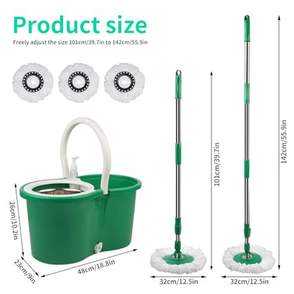 Spin Mop and Bucket, Mop and Bucket with Wringer Set 360° Spinning Mop with 3 Microfiber Mop Refills 61" Adjustable Handle for Floor Cleaning - color: Green