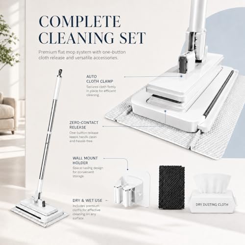Hands-Free Multi-Purpose Flat Mop, Shark Tooth Triple Grip Built-in Rubber Squeegee for Window One Button Automatic Release Flat Mop Washable Reusable Microfiber Cloth,6×31 in - color: 1pc, size: 6×31 in