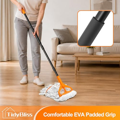 TidyBliss Mop Handle Commercial Heavy Duty, 55 inches Long Handle Industrial String Mop Stick Replacement Pole with Improved Looped-end Clamp for for Floor Cleaning (Orange)