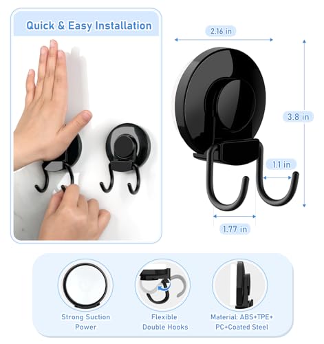 VIS'V Shower Suction Cup Hooks, Heavy Duty, Removable and Reusable, Double Hooks, Black, 2 Pcs