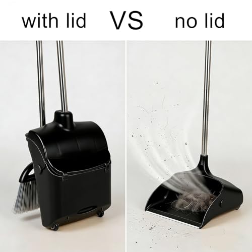 Long Handle Heavy Duty Broom and Dustpan Set, Outdoor and Commercial Upright Dustpan and Brush for Restaurant Garage Garden Yard Office,Black - color: Black