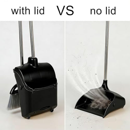 Long Handle Heavy Duty Broom and Dustpan Set, Outdoor and Commercial Upright Dustpan and Brush for Restaurant Garage Garden Yard Office,Black - color: Black