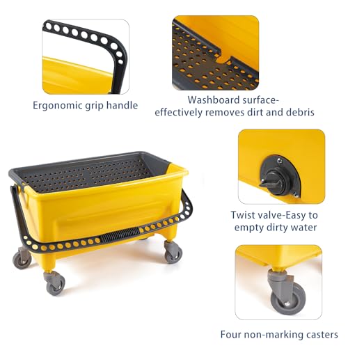 Matthew Cleaning Microfiber Finish Bucket with Sieve,Press Wring Mop Bucket for Microfiber Flat Mops, Mop Bucket with Non-Marking Casters Wheels,44" Yellow - color: 44 Quarts Bucket(yellow)