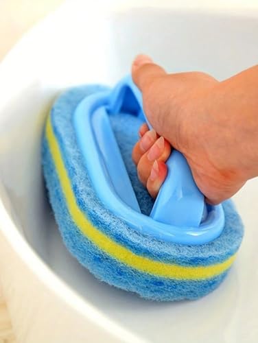 Ergonomic Long Handle Sponge Brush Set Durable Scouring 3 Pack Pad Shower Scrubber for Bathroom Bathtub Tile Grout Kitchen Sink Pot Cleaning Tool Non Scratch Heavy Duty Wand (Blue) - color: Blue