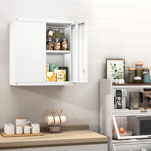GREATMEET Locking Metal Wall Cabinet, Metal Storage Cabinet with 2 Shelves, Wall Mount Cabinet with Lock, Floating Garage Cabinets with Adjustable Shelf - color: White, size: 27.95"H
