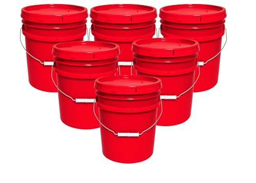 MKS Plastics 5-Gallon Bucket with Airtight Lid – Made in USA, Food Grade BPA Free Plastic, Heavy Duty Multi-Use, Metal Handle with Grip, Stackable Storage – Red, 6 Pack - color: Red, size: 6