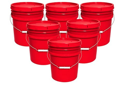 MKS Plastics 5-Gallon Bucket with Airtight Lid – Made in USA, Food Grade BPA Free Plastic, Heavy Duty Multi-Use, Metal Handle with Grip, Stackable Storage – Red, 6 Pack - color: Red, size: 6
