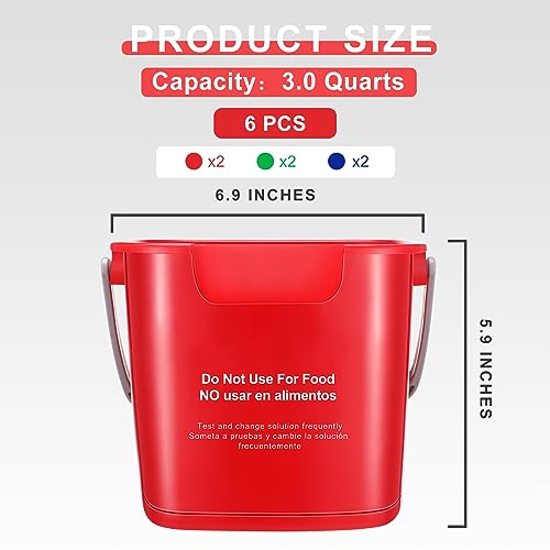 Roshtia 6 Pcs 3 Quart Cleaning Bucket Small Sanitizing Square Bucket Detergent Pail for Home Commercial Restaurant Kitchen Office School(Red, Blue, Green) - color: Red, Blue, Green