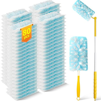 80 Count Duster Refills with 1 Short Handle & 3 ft Extendable Handle, Compatible with Swiffer Duster, 180° Disposable Microfiber Cleaning Dusters, Unscented - style: 80 Refills + 2 Handle