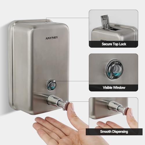 anydry Commercial Soap Dispenser Wall Mount, Brushed Stianless Steel Finish Manual Liquid Soap Dispenser - 37oz (1100ml) Model AD1003 - color: Brushed