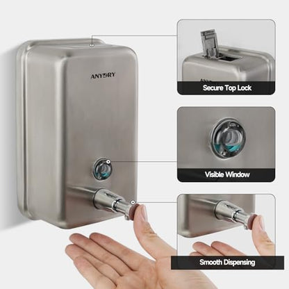 anydry Commercial Soap Dispenser Wall Mount, Brushed Stianless Steel Finish Manual Liquid Soap Dispenser - 37oz (1100ml) Model AD1003 - color: Brushed