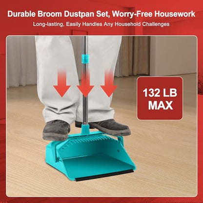 Tiumso Upgrade Broom with Dustpan Combo Set, Broom and Dustpan Set with 51'' Long Handle, Large Upright Brooms and Dust Pans, ZeroGap Lip, Self-Cleaning Dustpan Teeth for Lobby and Restaurant - Blue - color: Blue