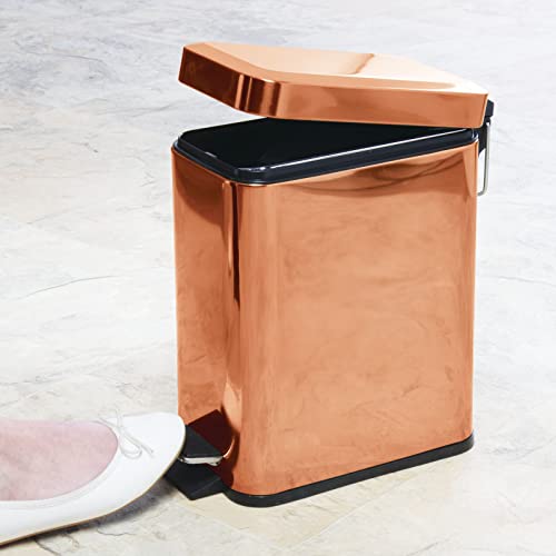 mDesign Small Modern 1.3 Gallon Rectangle Metal Lidded Step Trash Can, Compact Garbage Bin with Removable Liner Bucket and Handle for Bathroom, Kitchen, Craft Room, Office, Garage - Copper - color: Copper, size: 1.3 Gallon