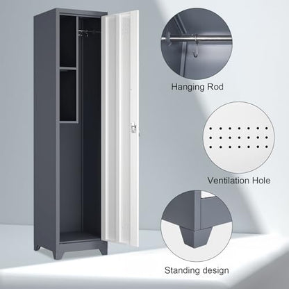 Metal Broom Storage Cabinets, Narrow Cabinet with Hooks, 65" Slim Bathroom Storage Cabinet with Shelves, Heavy-Duty Cleaning Cabinets for Utility Room, Gym, Office, Garage - color: 65"h-slim Cabinet / White+grey