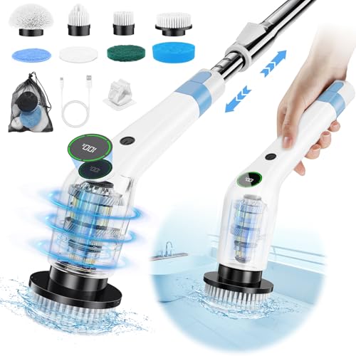 PUFTEM Electric Spin Scrubber, Cordless Shower Scrubber with 8 Scrub Brush, 2 Speed with Adjustable Extension Handle, Battery Level Display, Power Scrubber for Bathroom Bathtub Tile Floor, White - color: White