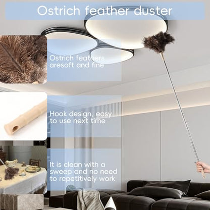 THARAHT Extendable Ostrich Feather Duster up to 27-94 inches Fluffy Feathers Long Handle Reusable for Cleaning Ceiling Fan Pendant lamp High Ceiling Blinds Furniture Feather Duster - size: 27-94inch