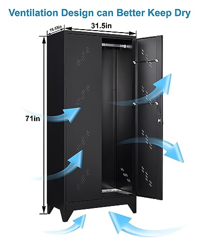 Metal Storage Cabinet with Lock, 71" Garage Storage Cabinets with Hanging Rod & S-Hooks, Large Storage Cabinet, Locking Tool Utility Closet, Black - size: 71" Garage Cabinets