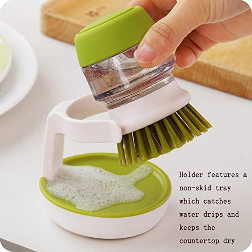 Dish Brush with Soap Dispenser, Dishwashing Kitchen Scrub Brushes Dish Scrubber with Holder Drip Tray, for Cleaning Pan, Pot, Sink(Grey) - color: Gray