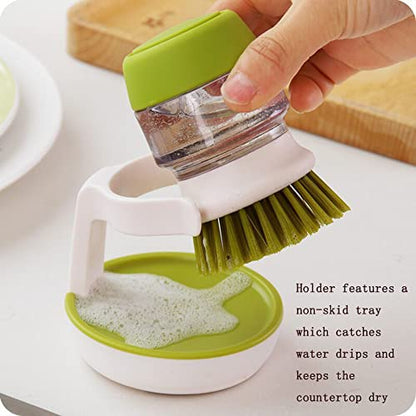 Dish Brush with Soap Dispenser, Dishwashing Kitchen Scrub Brushes Dish Scrubber with Holder Drip Tray, for Cleaning Pan, Pot, Sink - color: Green
