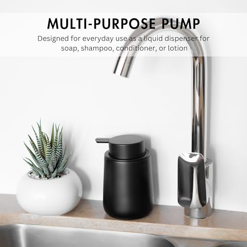 Matte Black Round Soap Dispenser for Kitchen & Bathroom – 9 oz Refillable Resin Pump Bottle for Dish Soap, Hand Soap, Shampoo, Conditioner – Modern Countertop Dispenser with Non-Slip Protective Pads - color: Black, style: Round Short Soap Dispenser