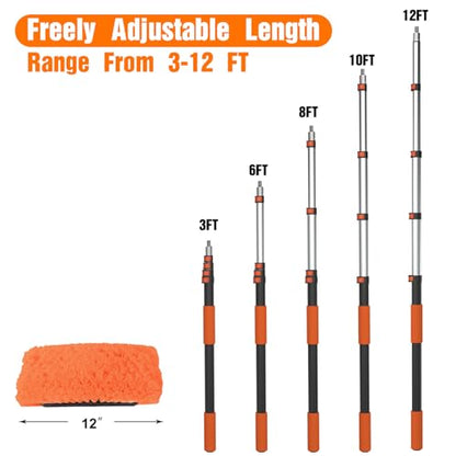 LAANPOLE 12FT Car Wash Brush with Long Handle, Car Cleaning Kit with Soft Bristle Wash Brush, Microfiber Cleaning Mop, Window Squeegee, Mitt, Wheel Brush for RV, Truck, Boat, House Siding - size: 12FT
