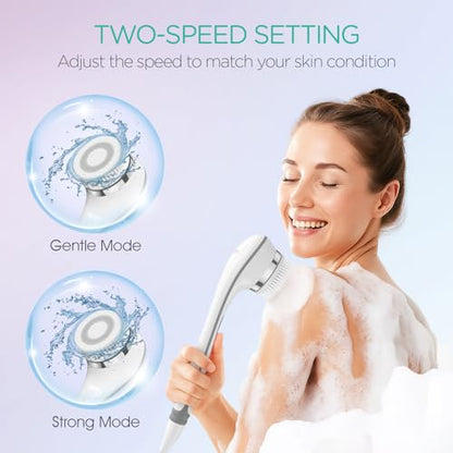 VOYOR Electric Body Brush Back Scrubber for Shower Rechargeable Exfoliating Bath Brush Powered Shower Brush with Non-Slip Long Handle Deep Cleansing, Exfoliation, Massaging Spin Brush BC100 (Grey) - color: Grey