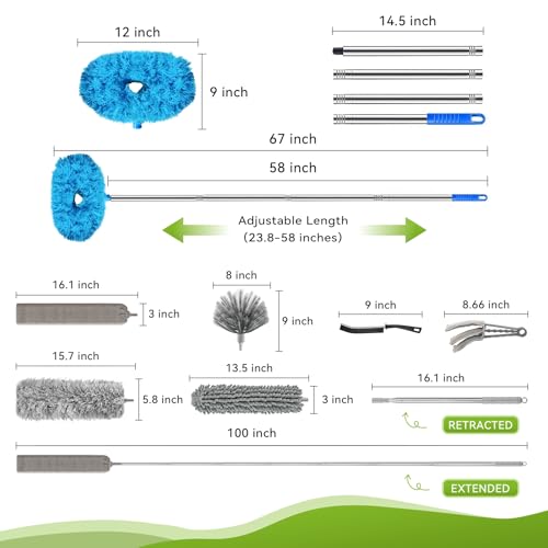 12-Piece Microfiber Feather Duster with Extension Pole (16.1" to 100), Ceiling Fan Duster for Ceiling Fan, Flat Duster for Under Appliances, Chenille & Cobweb Duster for Cobweb, Wall, Furniture - color: 12-piece Set With Ceiling Fan Cleaner