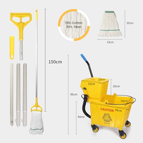 35Qt Commercial Mop Bucket with Side Wringer,Including 1* Commercial Loop-end Mop and 1* Mop Head Replacement