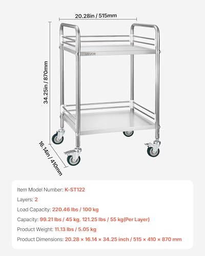 VEVOR Stainless Steel Rolling Cart, 2-Tier Metal Utility Cart with Lockable Wheels, Medical Serving Trolley Clinic Tray, Mobile Service Cart for Hospital, Lab, Restaurant, Kitchen, Salon - size: 2-Layer Shelf