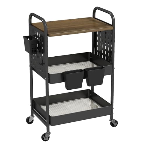 danpinera 3 Tier Rolling Cart, Metal Storage Cart with Wooden Tabletop, Storage Cart with DIY Pegboards & Locked Wheels, Hooks & Hanging Cups for Any Room, Black - color: Black, size: without drawer