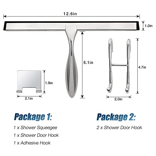 Simtive 12-Inch Shower Squeegee (Includes 1 Shower Door Hook and 1 Adhesive Hook), Shower Door Hooks (2-Pack), Both Silver, 2 Item Bundle