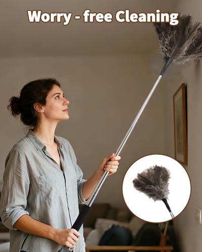 Ostrich Feather Duster, 18-48 Inch Extendable Feather Duster with Natural Fluffy Ostrich Feathers, Dusters for Cleaning Ceiling Fans, Blinds, High Ceilings, Furniture, Cars, Washable & Reusable - color: Ostrich Feather Color