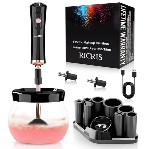 RICRIS Electric Makeup Brush Cleaner and Dryer Machine - Super Fast Clean and Dry Make Up Brushes - Automatic Cosmetic Brush Spinner Washer Tools - color: Black