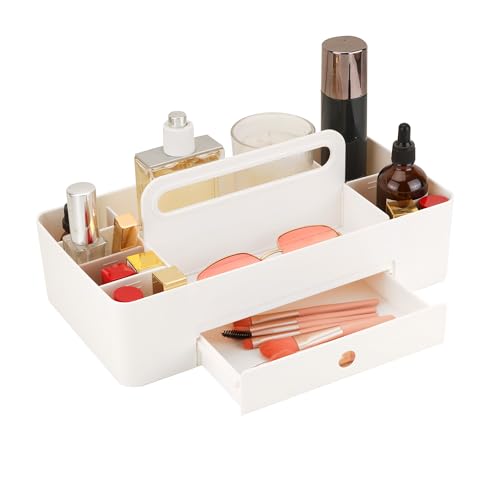 Multipurpose Caddy Organizer with Handle -8 Compartments and 1 small drawer - Art Craft Supplies, Office, Desk, Stationery Pen Holder, Makeup, Bathroom, Shower, Cleaning, Dorm Organizer - White - color: White