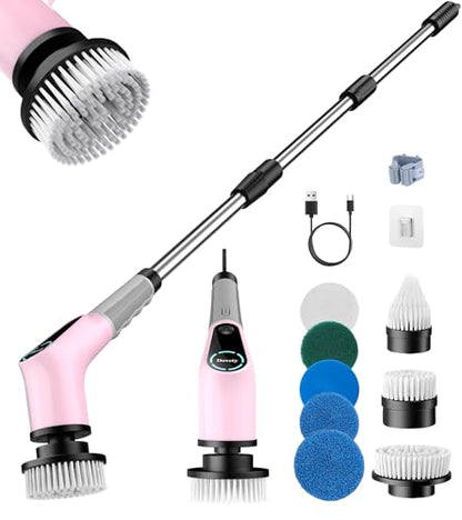 Dovety Electric Spin Scrubber, Shower Scrubber, Power Cleaner Tools with 8 Replaceable Brush Heads, Cleaning Brush with Extension Handle, 2 Adjustable Speeds, 90Mins Work Time for Home Bathtub-Pink - color: Pink
